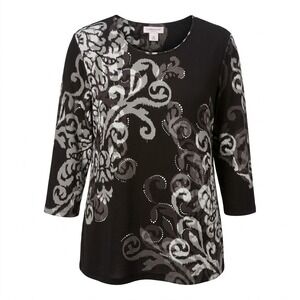 NEW Allison Daley Woman 2X Black Gray Damask Rhinestone 3/4 Sleeve Tunic Top